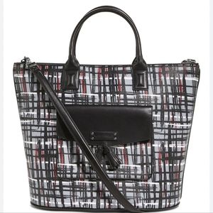 Vera Bradley Black & White Art Plaid X-Large Tassel Tote Vegan Carry On Laptop 